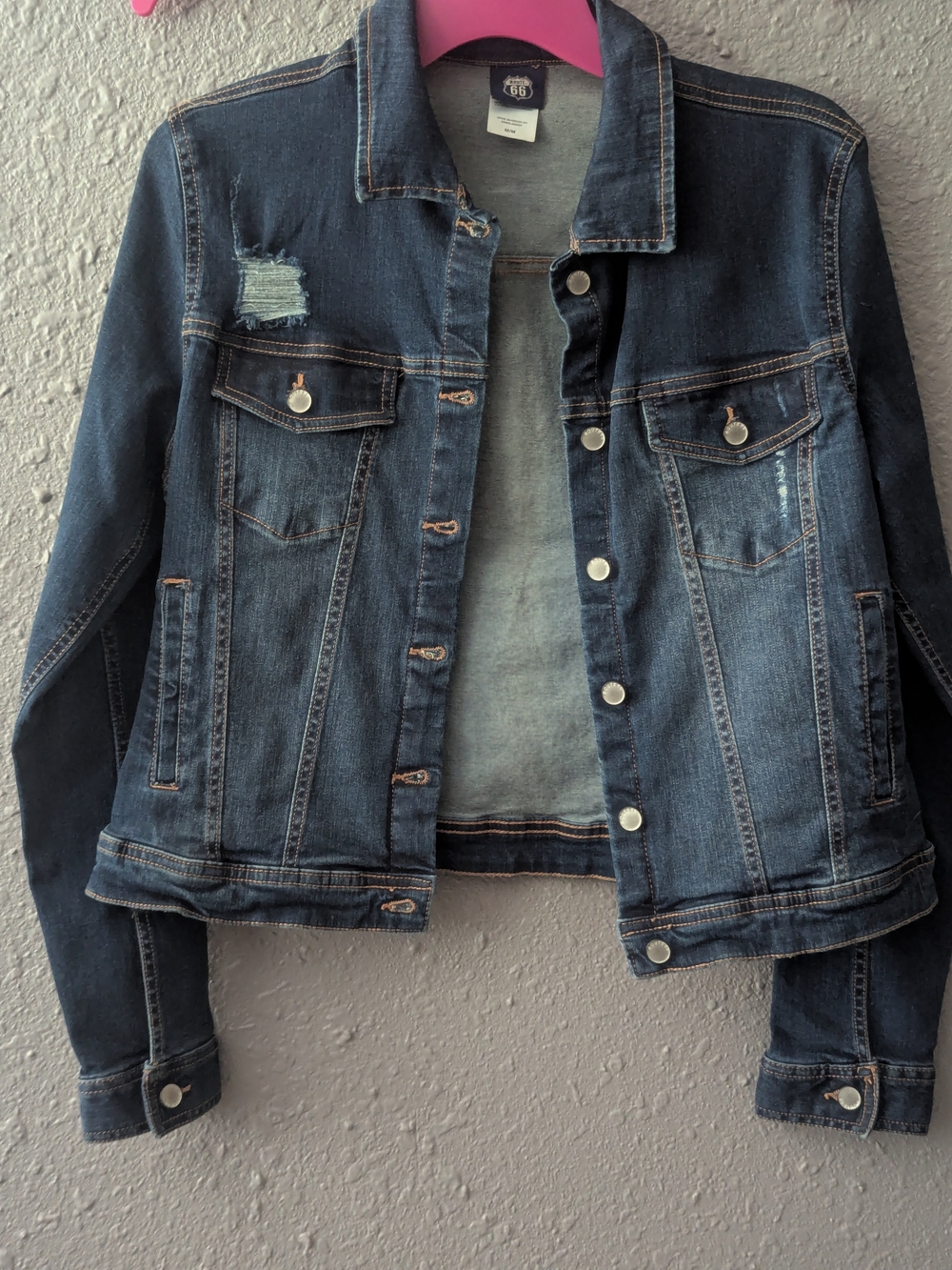 Sz M Dark Blue Distressed Denim Jacket
